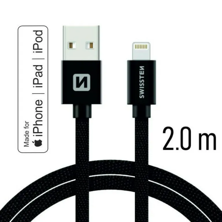 Swissten - adat- és töltőkábel textil bevonattal, USB/lightning MFI, 2 m fekete