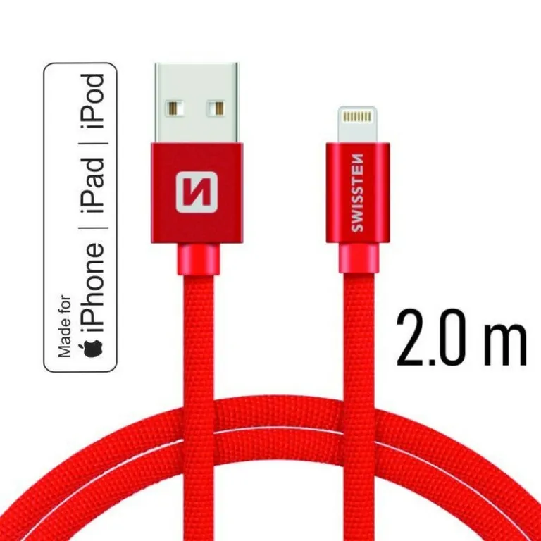 Swissten - adat- és töltőkábel textil bevonattal, USB/lightning MFI, 2 m piros
