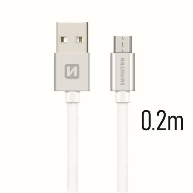 Swissten - adat- és töltőkábel textil bevonattal, USB/mikro USB, 0,2 m ezüst/fehér
