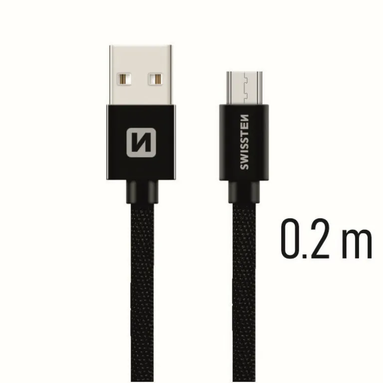 Swissten - adat- és töltőkábel textil bevonattal, USB/mikro USB, 0,2 m fekete
