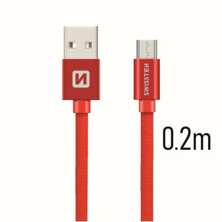 Swissten - adat- és töltőkábel textil bevonattal, USB/mikro USB, 0,2 m piros