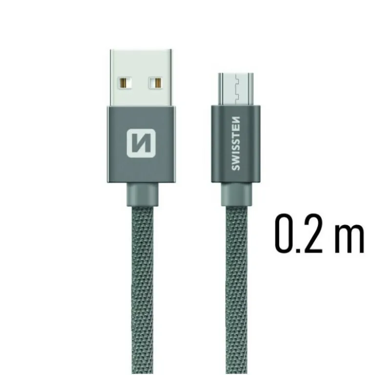Swissten - adat- és töltőkábel textil bevonattal, USB/mikro USB, 0,2 m szürke