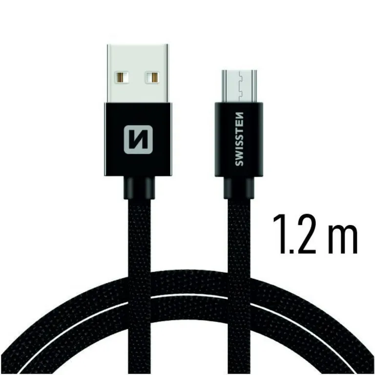 Swissten - adat- és töltőkábel textil bevonattal, USB/mikro USB, 1,2 m fekete
