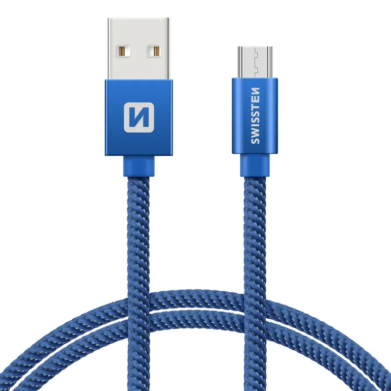Swissten - adat- és töltőkábel textil bevonattal, USB/mikro USB, 1,2 m kék