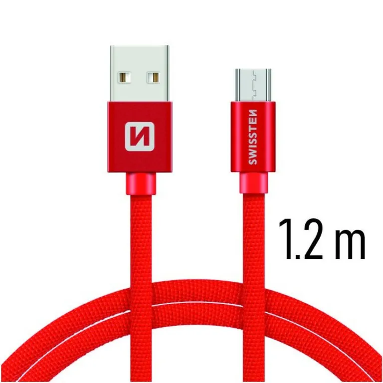 Swissten - adat- és töltőkábel textil bevonattal, USB/mikro USB, 1,2 m piros