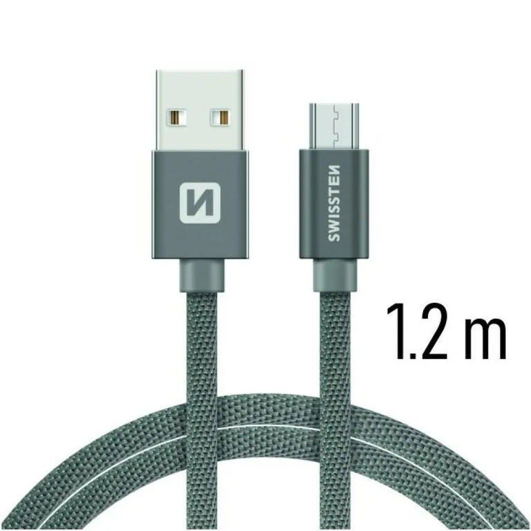 Swissten - adat- és töltőkábel textil bevonattal, USB/mikro USB, 1,2 m szürke