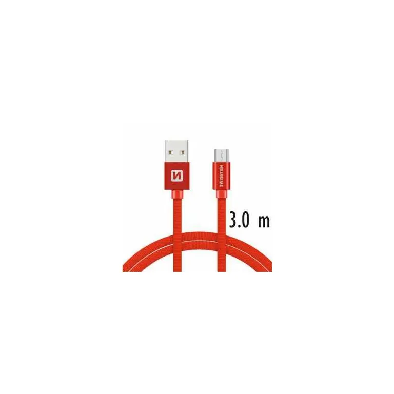 Swissten - adat- és töltőkábel textil bevonattal, USB/mikro USB, 3 m piros