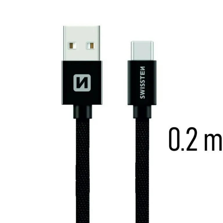 Swissten - adat- és töltőkábel textil bevonattal, USB/USB-C, 0,2 m fekete
