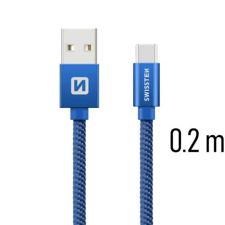 Swissten - adat- és töltőkábel textil bevonattal, USB/USB-C, 0,2 m kék