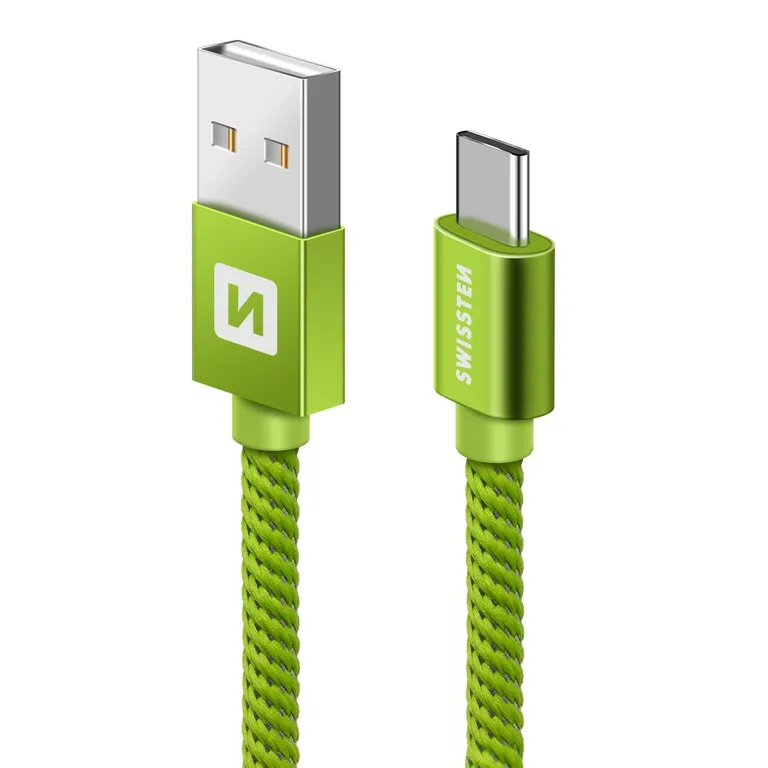 Swissten - adat- és töltőkábel textil bevonattal, USB/USB-C, 0,2 m zöld