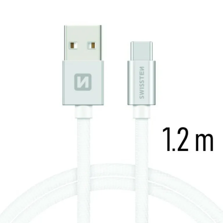 Swissten - adat- és töltőkábel textil bevonattal, USB/USB-C, 1,2 m ezüst/fehér