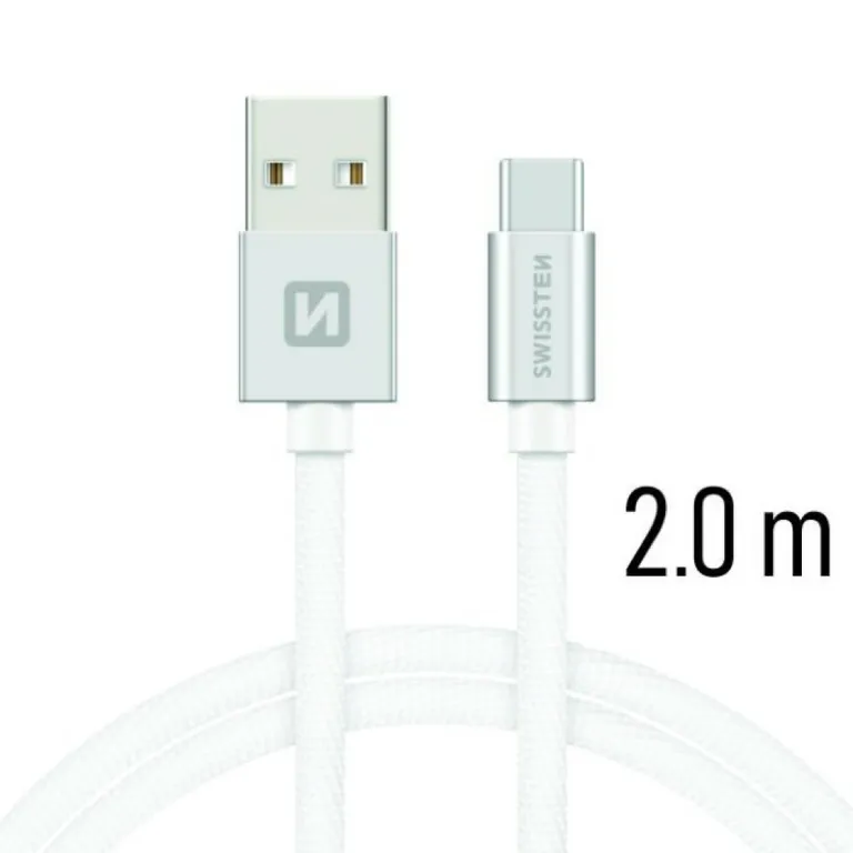 Swissten - adat- és töltőkábel textil bevonattal, USB/USB-C, 2 m ezüst/fehér