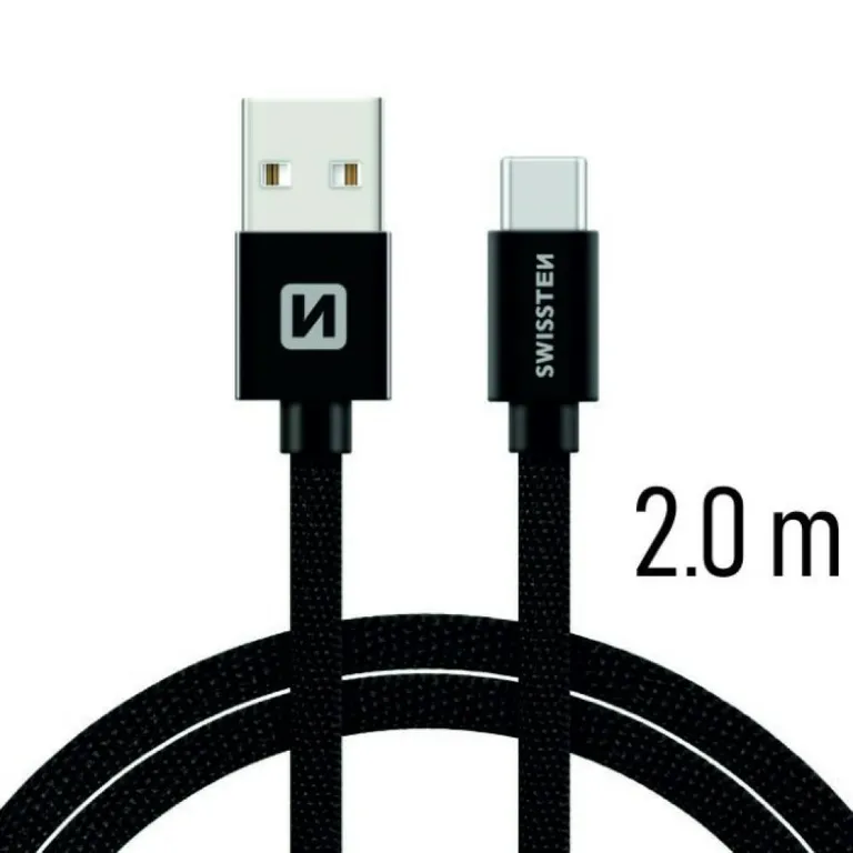 Swissten - adat- és töltőkábel textil bevonattal, USB/USB-C, 2 m fekete