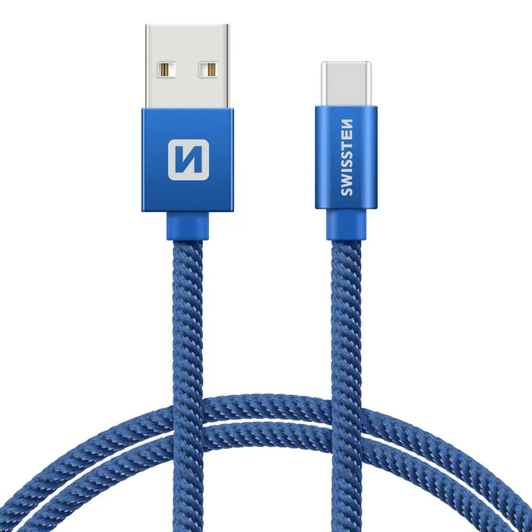 Swissten - adat- és töltőkábel textil bevonattal, USB/USB-C, 2 m kék