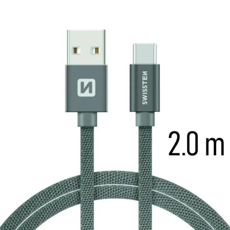Swissten - adat- és töltőkábel textil bevonattal, USB/USB-C, 2 m szürke