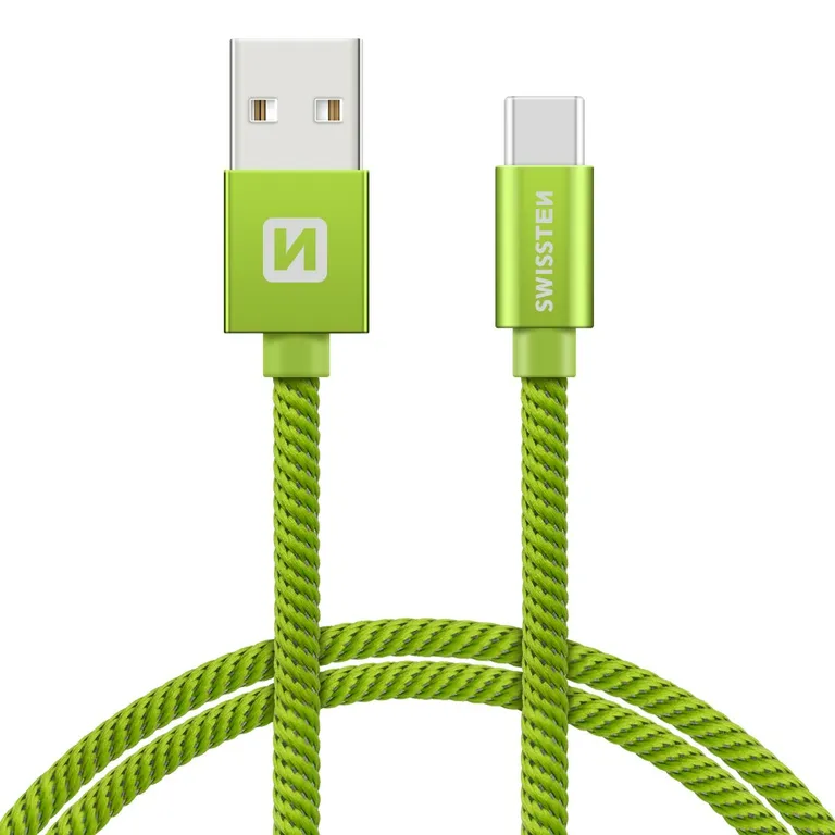 Swissten - adat- és töltőkábel textil bevonattal, USB/USB-C, 2 m zöld