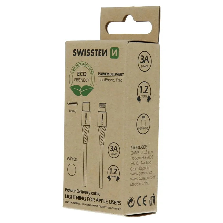 Swissten - adat- és töltőkábel USB-C/lightning, 1,2m, fehér