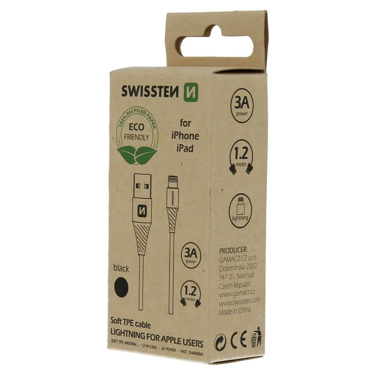 Swissten - adat- és töltőkábel USB/lightning, 1,2m, fekete