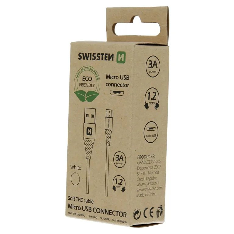 Swissten - adat- és töltőkábel USB/mikro USB, 1,2m, fehér - Image 2