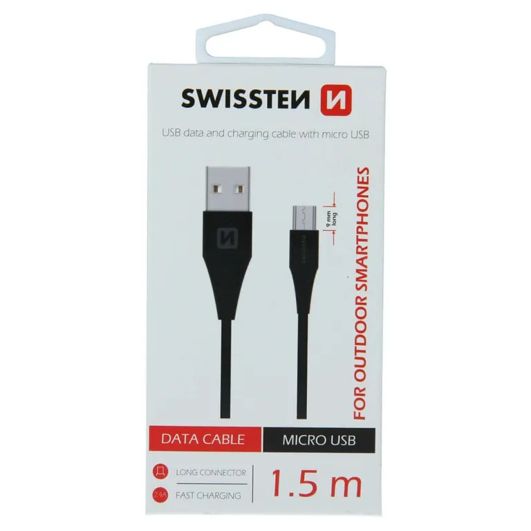 Swissten - adat- és töltőkábel, USB/mikro USB, 1,5 m (9mm csatlakozó)