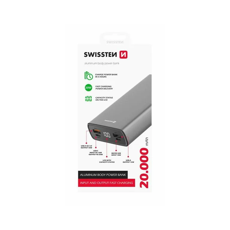 Swissten - aluminium power bank, 20000 mAh, 20W, Power Delivery, szürke