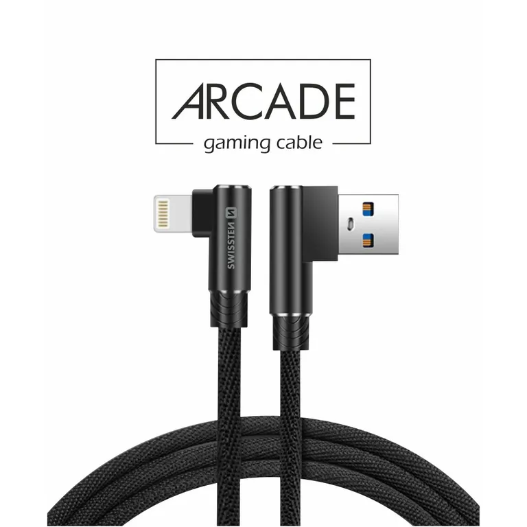 Swissten - Arcade gaming adat- és töltőkábel textil bevonattal, USB/lightning, 1,2 m fekete, L-csatlakozó