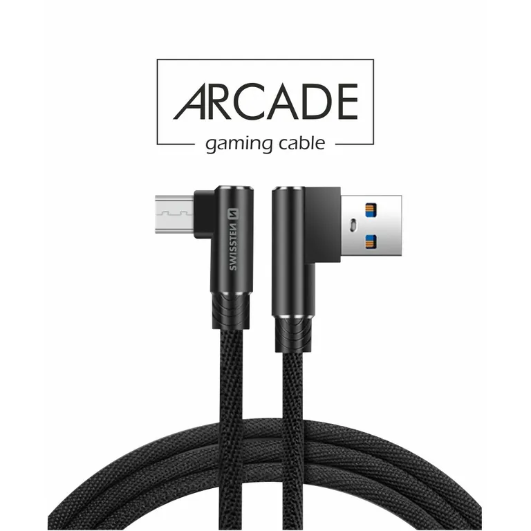 Swissten - Arcade gaming adat- és töltőkábel textil bevonattal, USB/mikro USB, 1,2 m fekete, L-csatlakozó