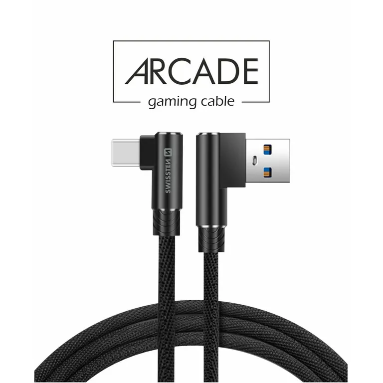Swissten - Arcade gaming adat- és töltőkábel textil bevonattal, USB/USB-C, 1,2 m fekete, L-csatlakozó