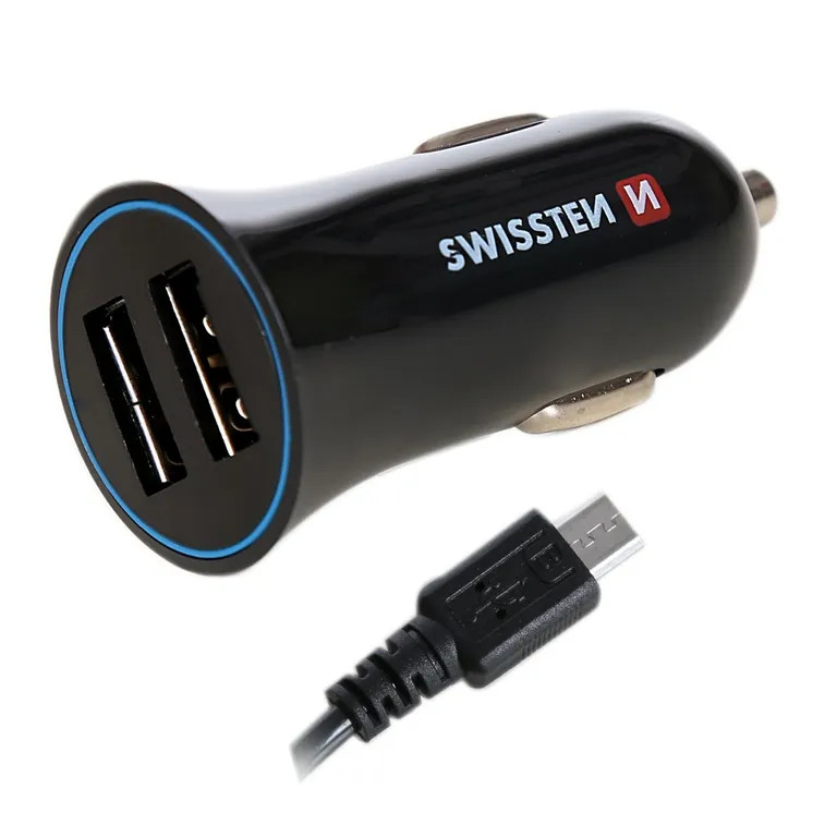 Swissten - autós töltő, 2 USB port, mikro USB kábellel, 2,4 A fekete