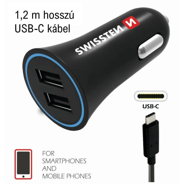 Swissten - autós töltő, 2 USB port, USB-C kábellel, 2,4 A, fekete
