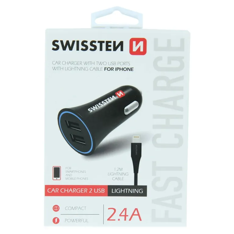 Swissten - autós töltő, 2XUSB, lightning kábellel, 2,4A, fekete