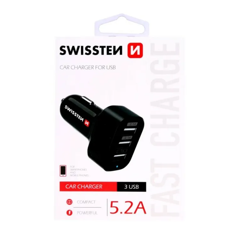 Swissten - autós töltő 3 USB port, 5,2 A, fekete