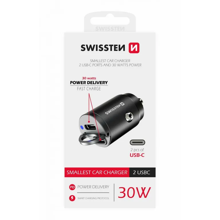 Swissten - autós töltő adapter Power Delivery 2XUSB-C, 30W, fekete