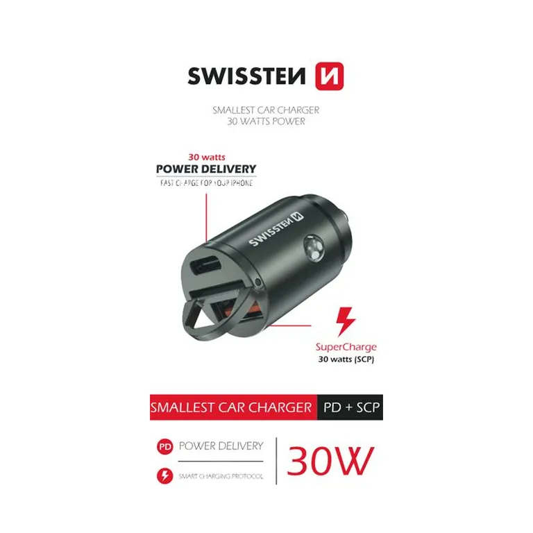 Swissten -  autós töltő adapter PowerDeliver USB-C + Super Charge 3.0, 30W, nano, ezüst