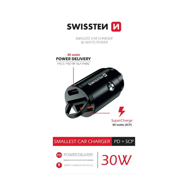 Swissten - autós töltő adapter PowerDeliver USB-C + Super Charge 3.0, 30W, nano, fekete
