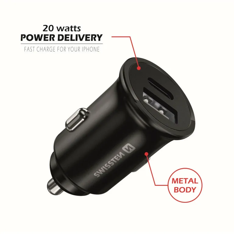Swissten - autós töltő adapter PowerDelivery 20W + USB 10W, fekete, iPhone12