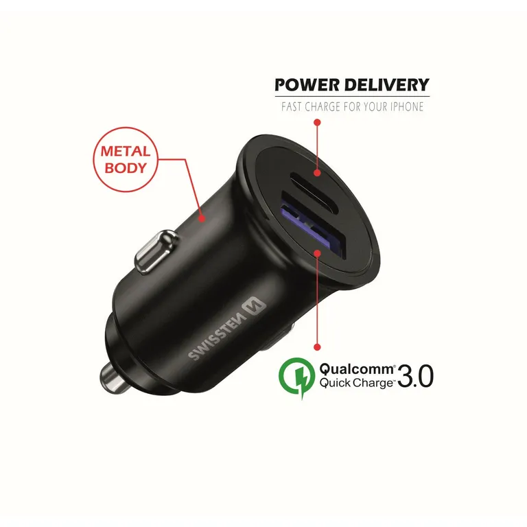 Swissten - autós töltő adapter PowerDelivery USB-C + QuickCharge 3.0, 36W, metál fekete