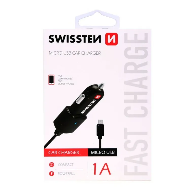 Swissten - autós töltő mikro USB kábellel, 1 A, fekete