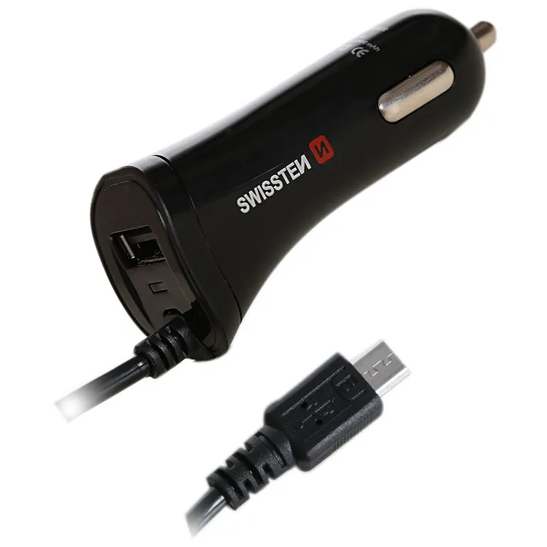 Swissten - autós töltő mikro USB kábellel, + 1 USB port, 2,4 A fekete