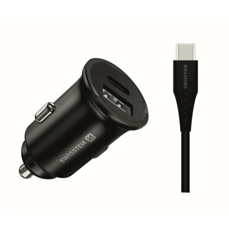 Swissten - autós töltő Samsung Super Fast Charging 25W + 1,2 m fekete USB-C/USB-C adatkábel