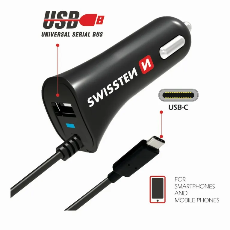 Swissten - autós töltő USB-C kábellel, + 1 USB port, 2,4 A, fekete