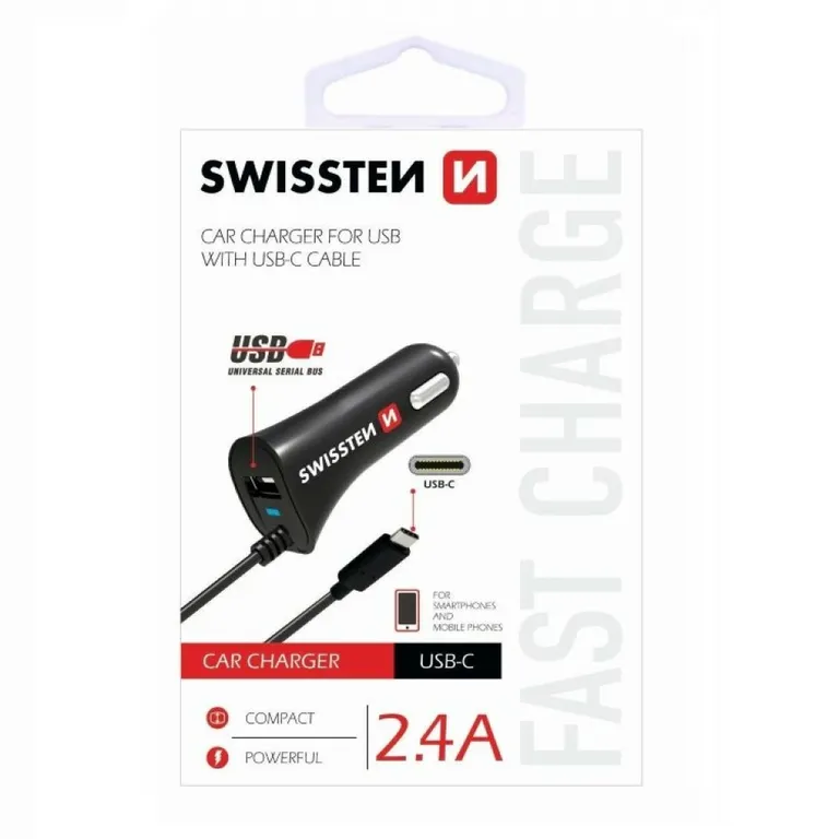 Swissten - autós töltő USB-C kábellel, + 1 USB port, 2,4 A, fekete