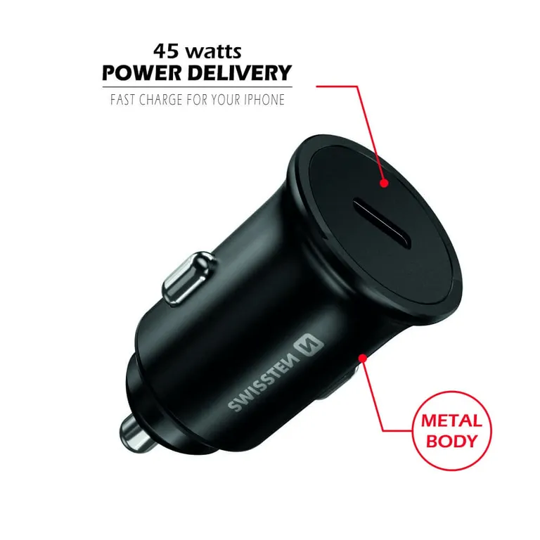 Swissten - autós töltőadapter USB-C PowerDelivery 3.0, 45W, fekete