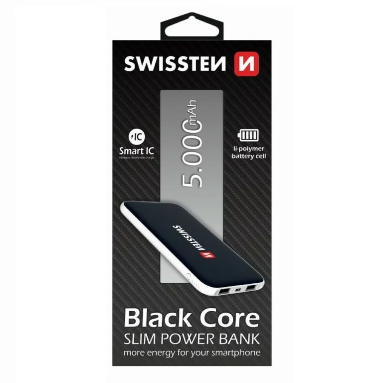 Swissten - black core slim power bank, 5000 mAh, mikro USB input, 2 USB output, Smart IC