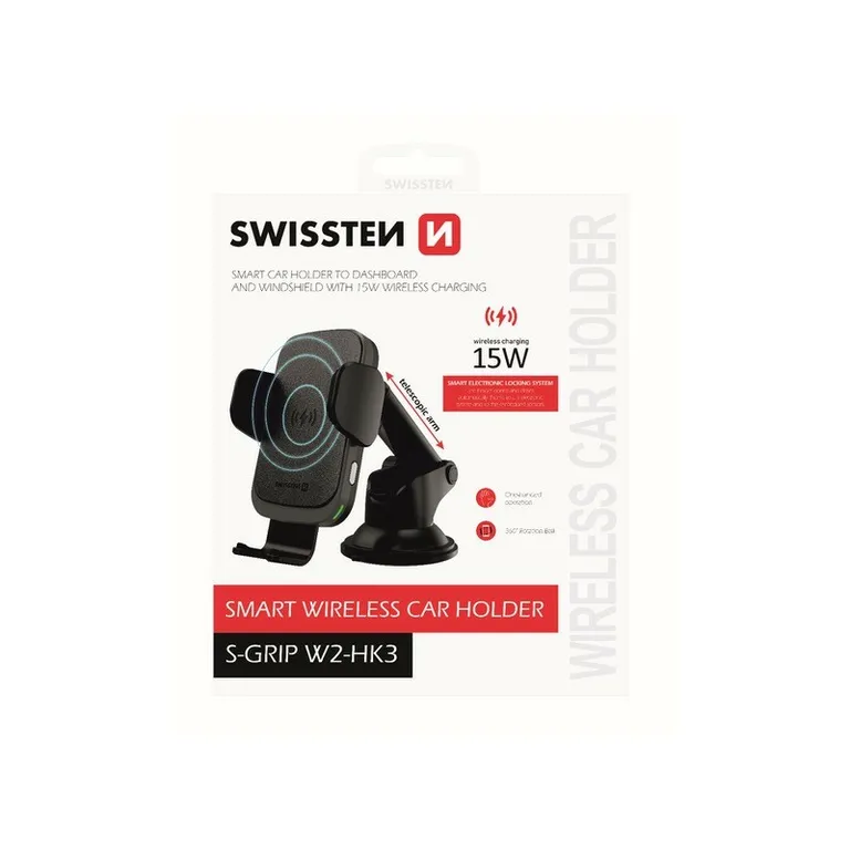 Swissten - elektromos autós tartó és vezeték nélküli töltő mûszerfalra, szélvédőre, 15W, W2-HK3