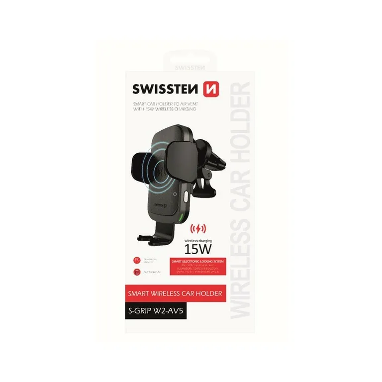 Swissten - elektromos autós tartó és vezeték nélküli töltő szellőzőrácsra, 15W, W2-AV5