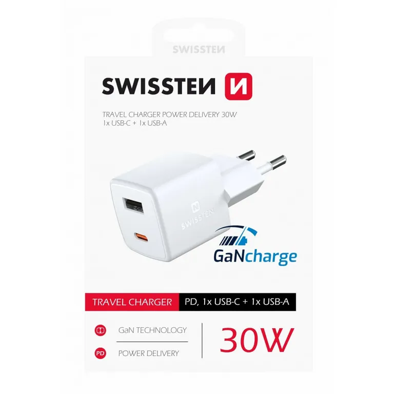 Swissten - GaN mini hálózati töltőadapter, 1XUSB-C, 1XUSB, Power Delivery, 30W