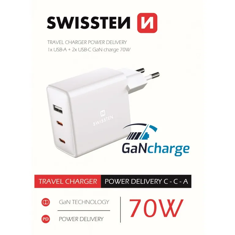 Swissten - GaN mini hálózati töltőadapter, 2XUSB-C + 1XUSB, 70W, PowerDelivery