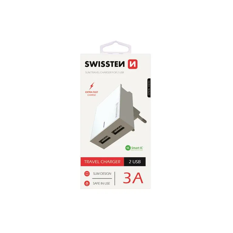 Swissten - hálózati gyorstöltő adapter, Smart IC, 2 USB port, 3A, fehér