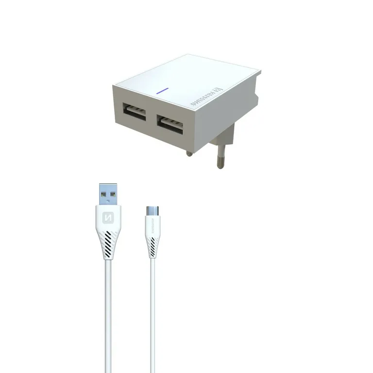 Swissten - hálózati gyorstöltő adapter, Smart IC, 2 USB port, 3A, fehér + lightning kábel